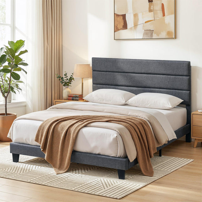 Artiss Double Bed Frame Upholstered Platform Base with Geometric Headboard Charcoal Grey Linen Wood Slats for Modern Bedroom Furniture Home Decor.