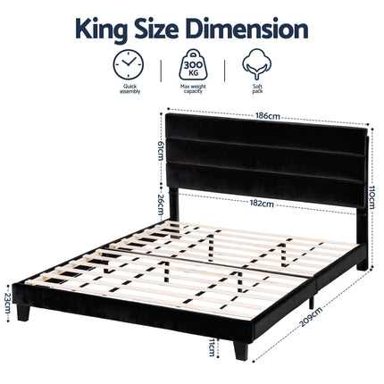 Artiss King Bed Frame Upholstered Platform Base with Geometric Headboard Black Velvet.