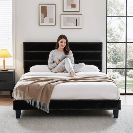 Artiss King Bed Frame Upholstered Platform Base with Geometric Headboard Black Velvet.