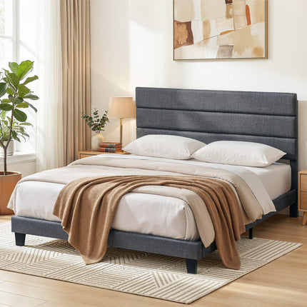 Artiss King Bed Frame Upholstered Platform Base with Geometric Headboard Charcoal Grey Linen Wood Slats for Modern Bedroom Furniture Home Decor.
