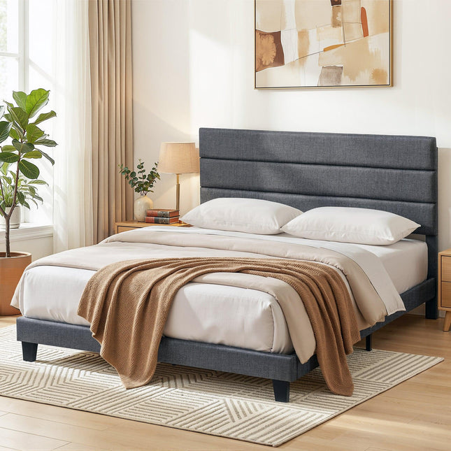 Artiss King Bed Frame Upholstered Platform Base with Geometric Headboard Charcoal Grey Linen Wood Slats for Modern Bedroom Furniture Home Decor.