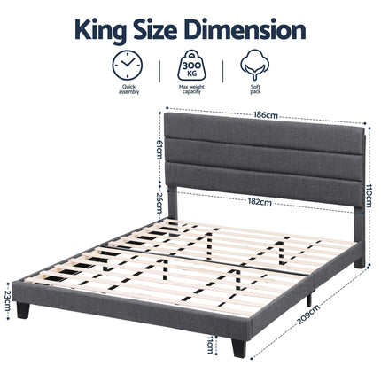 Artiss King Bed Frame Upholstered Platform Base with Geometric Headboard Charcoal Grey Linen Wood Slats for Modern Bedroom Furniture Home Decor.