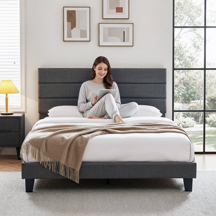 Artiss King Bed Frame Upholstered Platform Base with Geometric Headboard Charcoal Grey Linen Wood Slats for Modern Bedroom Furniture Home Decor.