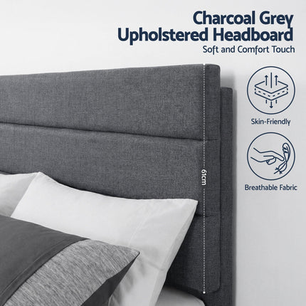 Artiss King Bed Frame Upholstered Platform Base with Geometric Headboard Charcoal Grey Linen Wood Slats for Modern Bedroom Furniture Home Decor.