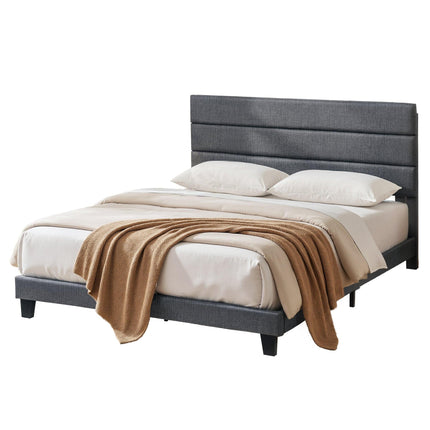 Artiss King Bed Frame Upholstered Platform Base with Geometric Headboard Charcoal Grey Linen Wood Slats for Modern Bedroom Furniture Home Decor.