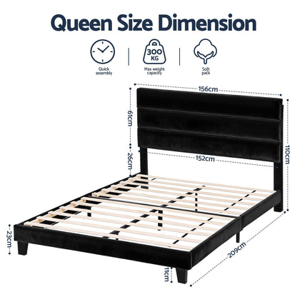 Artiss Queen Bed Frame Upholstered Platform Base with Geometric Headboard Black Velvet.
