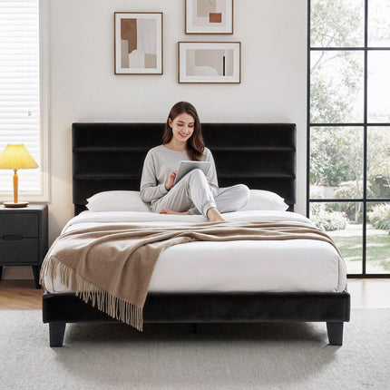 Artiss Queen Bed Frame Upholstered Platform Base with Geometric Headboard Black Velvet.