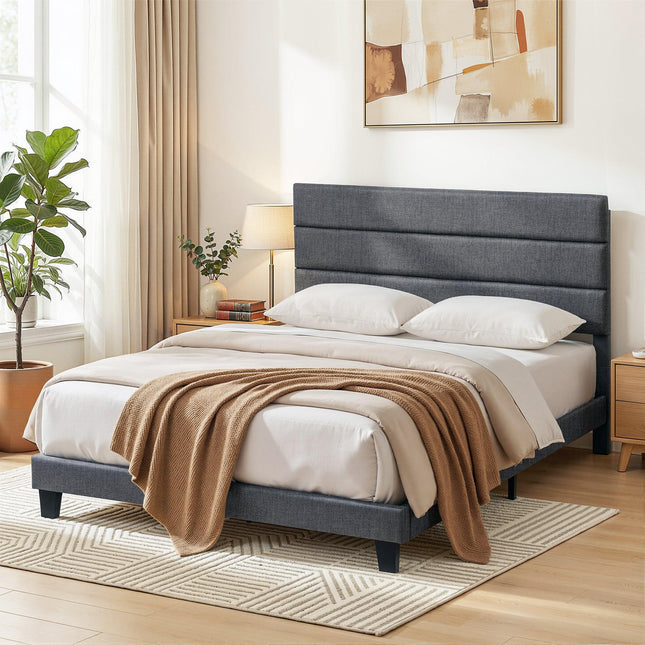 Artiss Queen Bed Frame Upholstered Platform Base with Geometric Headboard Charcoal Grey Linen Wood Slats for Modern Bedroom Furniture Home Decor.