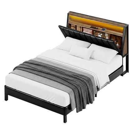 Artiss Queen Bed Frame LED Storage Headboard with Charging Station Black.
