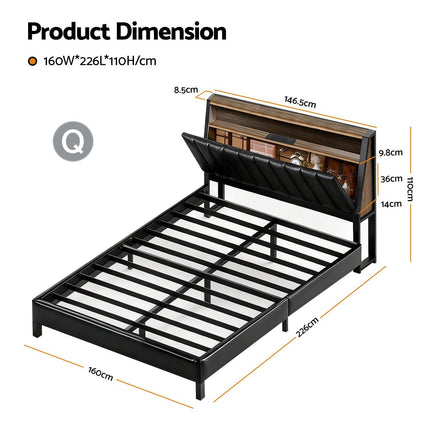 Artiss Queen Bed Frame LED Storage Headboard with Charging Station Black.