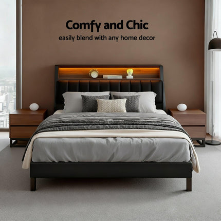 Artiss Queen Bed Frame LED Storage Headboard with Charging Station Black.