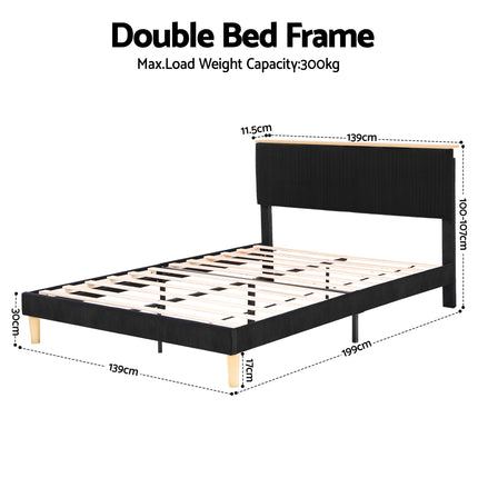 Artiss Double Bed Frame Upholstered Adjustable Headboard Mood Lighting Heavy Duty Black Velvet.