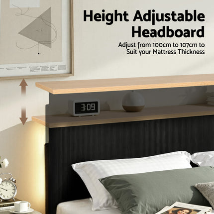 Artiss Double Bed Frame Upholstered Adjustable Headboard Mood Lighting Heavy Duty Black Velvet.