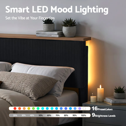 Artiss Double Bed Frame Upholstered Adjustable Headboard Mood Lighting Heavy Duty Black Velvet.