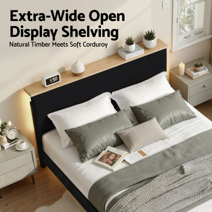 Artiss Double Bed Frame Upholstered Adjustable Headboard Mood Lighting Heavy Duty Black Velvet.