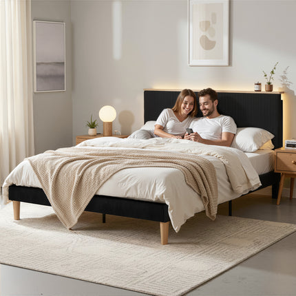 Artiss Double Bed Frame Upholstered Adjustable Headboard Mood Lighting Heavy Duty Black Velvet.