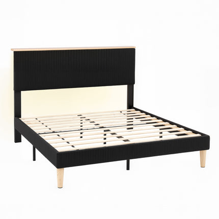 Artiss Double Bed Frame Upholstered Adjustable Headboard Mood Lighting Heavy Duty Black Velvet.