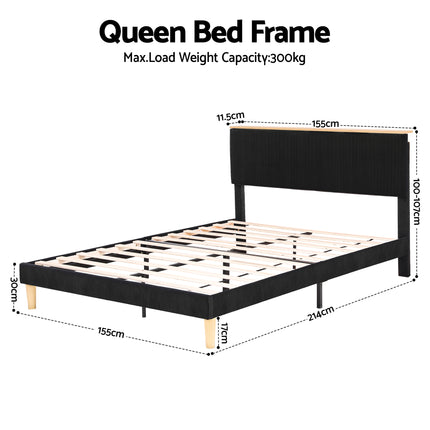 Artiss Queen Bed Frame Upholstered Adjustable Headboard Mood Lighting Heavy Duty Black Velvet.