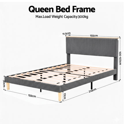 Artiss Queen Bed Frame Upholstered Adjustable Headboard Mood Lighting Heavy Duty Grey Velvet.