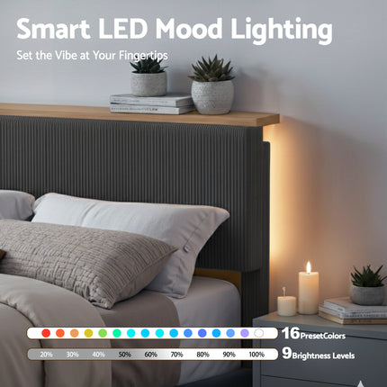 Artiss Queen Bed Frame Upholstered Adjustable Headboard Mood Lighting Heavy Duty Grey Velvet.