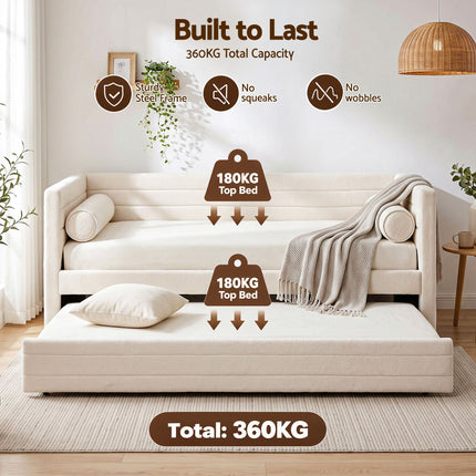 Artiss King Single Daybed with Trundle, Boucle Upholstered Bed Frame Guest Bed