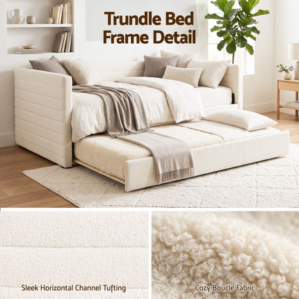 Artiss King Single Daybed with Trundle, Boucle Upholstered Bed Frame Guest Bed