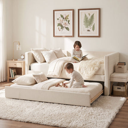 Artiss King Single Daybed with Trundle, Boucle Upholstered Bed Frame Guest Bed
