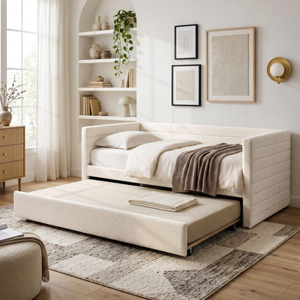 Artiss Single Daybed with Trundle, Boucle Upholstered Bed Frame Guest Bed