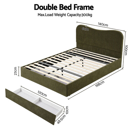 Artiss Double Bed Frame with Storage Drawer, Chenille Curved Headboard