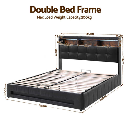 Artiss Double Bed Frame with Gas Lift Storage LED Lights Charging Station Headboard with Open Shelf.