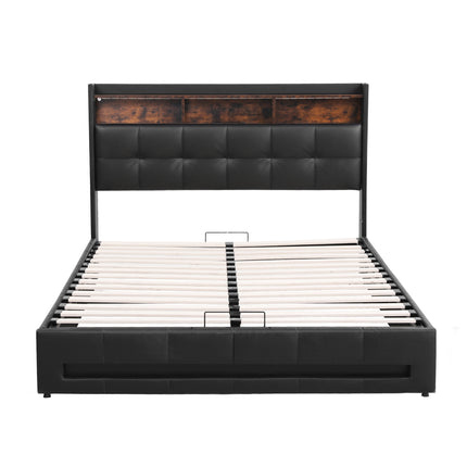 Artiss Double Bed Frame with Gas Lift Storage LED Lights Charging Station Headboard with Open Shelf.