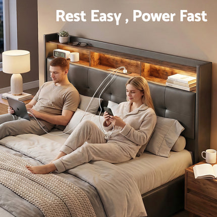 Artiss Double Bed Frame with Gas Lift Storage LED Lights Charging Station Headboard with Open Shelf.