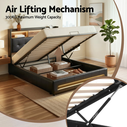 Artiss Double Bed Frame with Gas Lift Storage LED Lights Charging Station Headboard with Open Shelf.