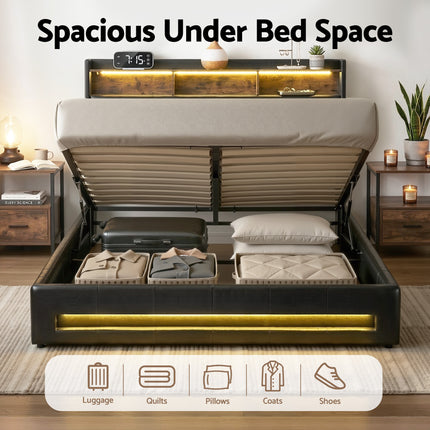 Artiss Double Bed Frame with Gas Lift Storage LED Lights Charging Station Headboard with Open Shelf.