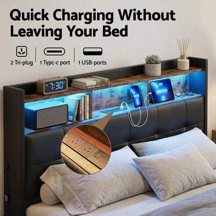 Artiss Double Bed Frame with Gas Lift Storage LED Lights Charging Station Headboard with Open Shelf.