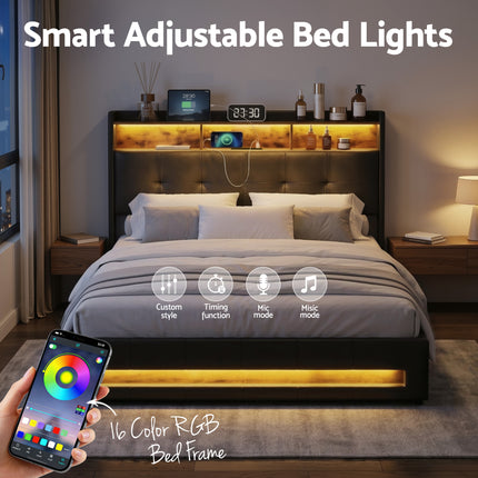 Artiss Double Bed Frame with Gas Lift Storage LED Lights Charging Station Headboard with Open Shelf.