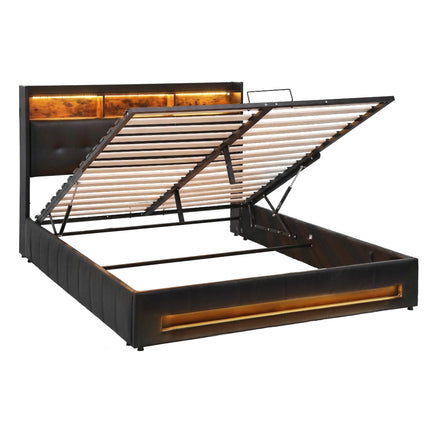 Artiss Double Bed Frame with Gas Lift Storage LED Lights Charging Station Headboard with Open Shelf.