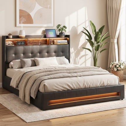 Artiss Queen Bed Frame with Gas Lift Storage LED Lights Charging Station Headboard with Open Shelf.