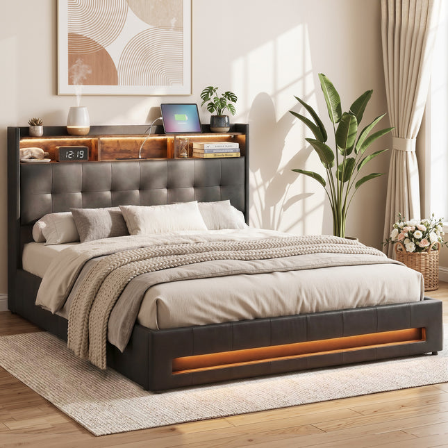 Artiss Queen Bed Frame with Gas Lift Storage LED Lights Charging Station Headboard with Open Shelf.