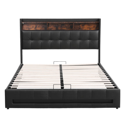 Artiss Queen Bed Frame with Gas Lift Storage LED Lights Charging Station Headboard with Open Shelf.