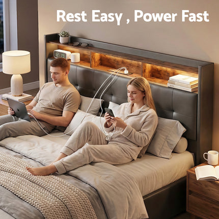 Artiss Queen Bed Frame with Gas Lift Storage LED Lights Charging Station Headboard with Open Shelf.