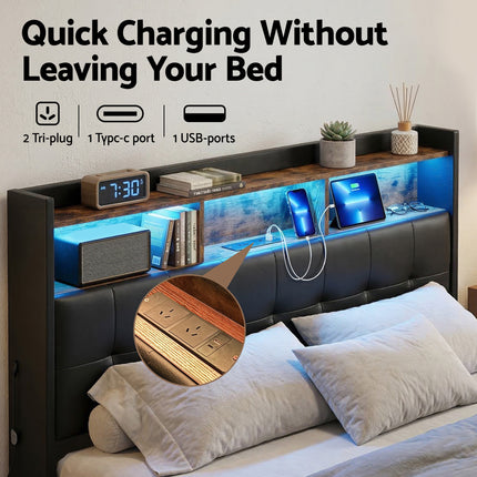 Artiss Queen Bed Frame with Gas Lift Storage LED Lights Charging Station Headboard with Open Shelf.