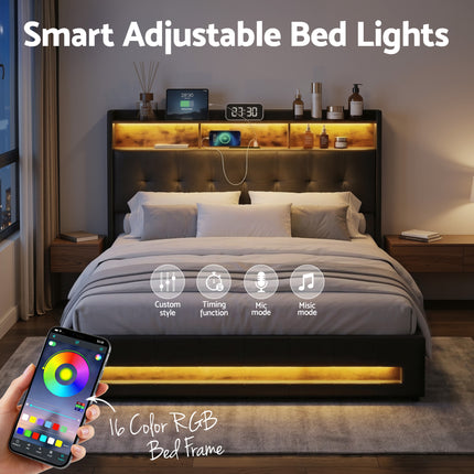 Artiss Queen Bed Frame with Gas Lift Storage LED Lights Charging Station Headboard with Open Shelf.