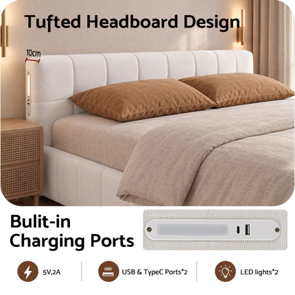 Artiss Double Bed Frame with Charging, LED Lights & Tufted Headboard