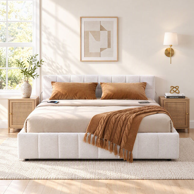 Artiss King Bed Frame with Charging, LED Lights & Tufted Headboard