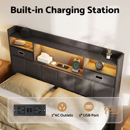 Artiss Double Bed Frame with 2 Storage Drawers & Headboard, USB Charging Station, RGB LED Light