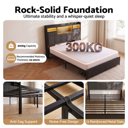 Artiss Double Bed Frame with 2 Storage Drawers & Headboard, USB Charging Station, RGB LED Light