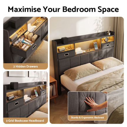 Artiss Queen Bed Frame with Storage Drawers & Headboard, 2 Drawer, USB, LED