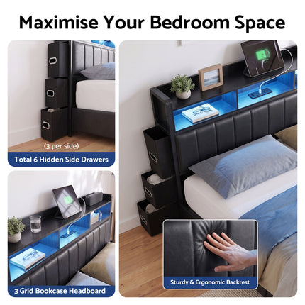 Artiss King Bed Frame with Storage Headboard, 2 Drawers, Charging Station & LED Light