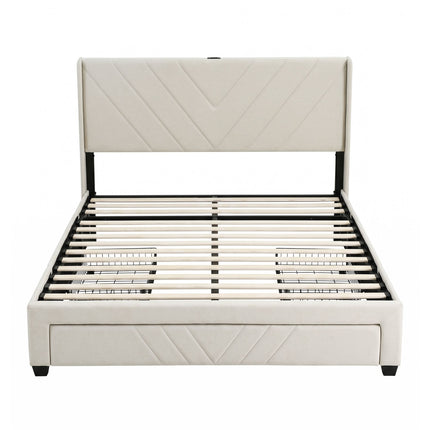 Artiss Double Bed Frame with Charging Station and Storage Drawers Beige 300KG Noise Free
